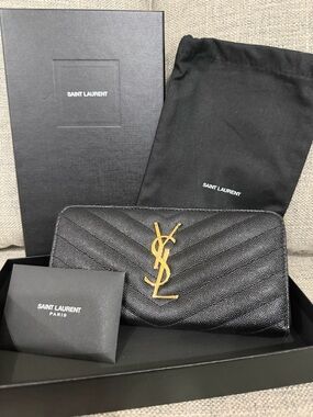 Saint Laurent Monogram Matelassé Leather Zip-Around Wallet with Gold YSL Logo